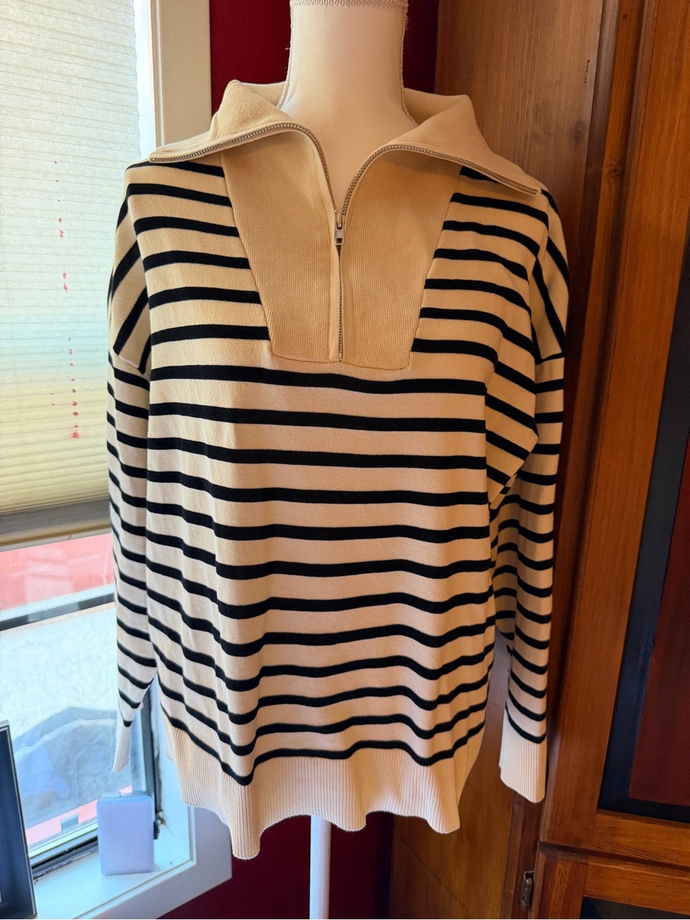 SHEIN Cream and Black Striped Half-Zip Pullover